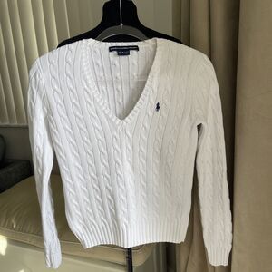 RALPH LAUREN SPORT WOMEN CABLE KNIT SWEATER V NECK COTTON White M